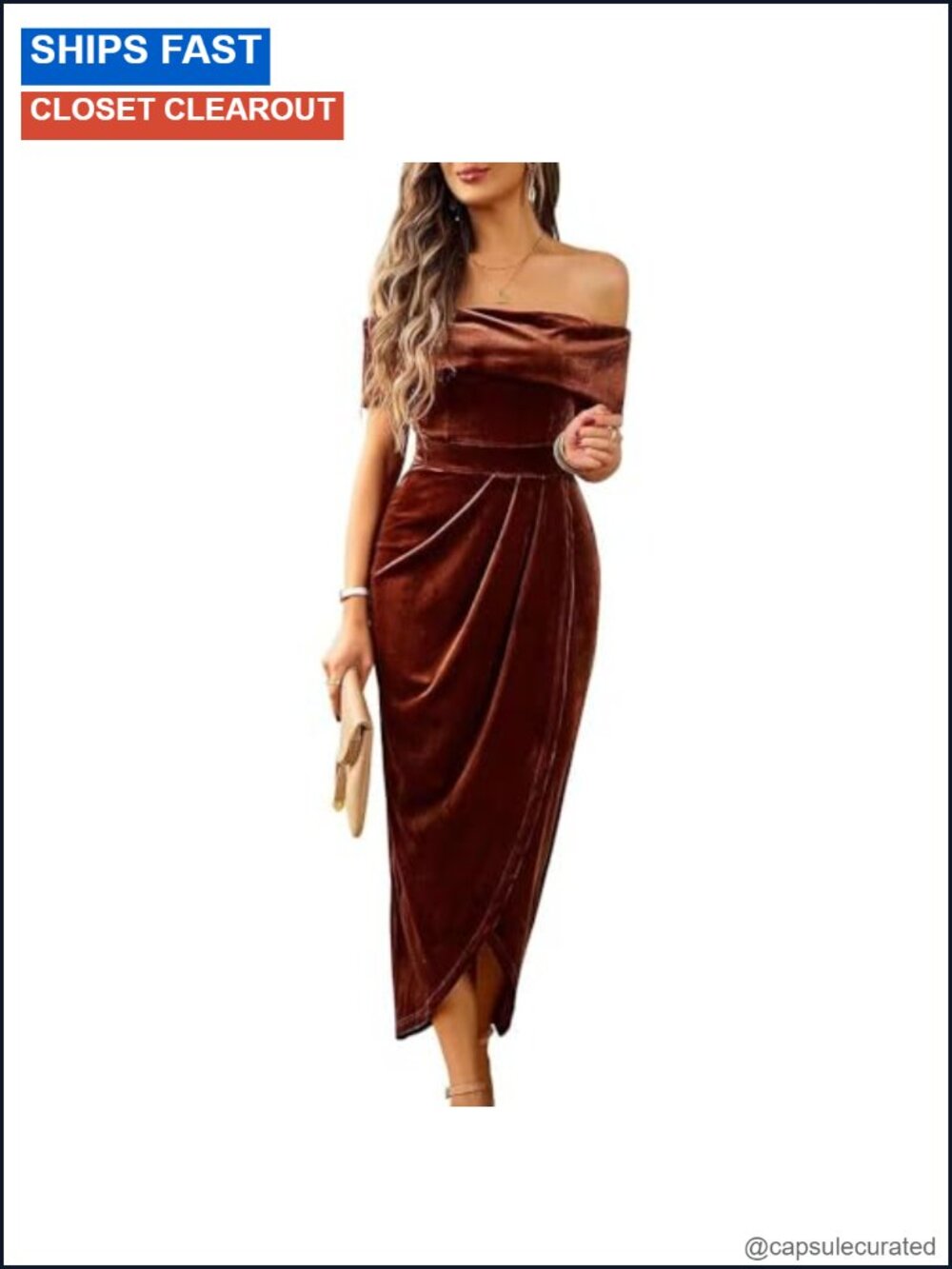 Off Shoulder Velvet Bodycon Midi Dress Wrap Slit Long Sleeve Cocktail Party